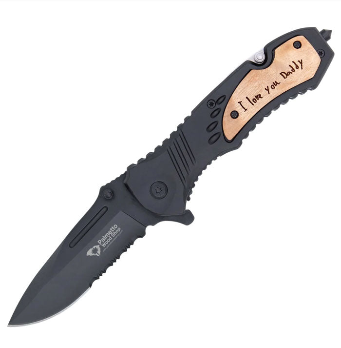 black engraved pocket knife with handwriting that says I love you daddy